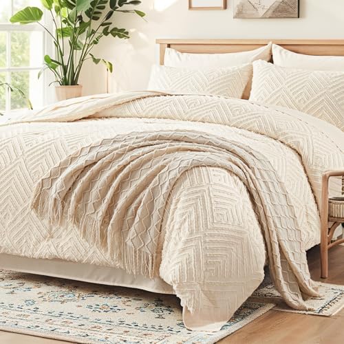 Zzlpp Queen Comforter Set 7 Piece, Cream Bed in a Bag Queen Bedding Sets | Boho Tufted, OEKO-TEX Certified, Luxury, Lightweight, All Season, Down Alternative Comforter, Breathable sheets & pillowcases - color: 03 - Cream, size: Queen