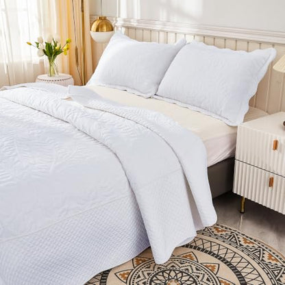 MarCielo 100% Cotton Quilt Set - 3-Piece Embroidered Farmhouse Bedspread & Shams, All-Season Breathable Bedding (Bright White,Queen) - color: Bright White, size: Queen (98" x 90")