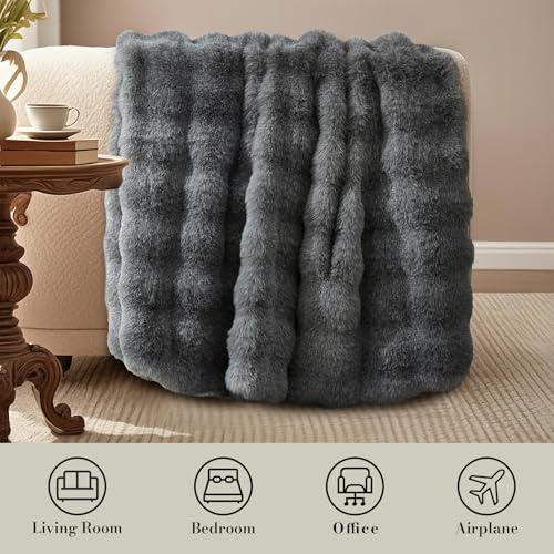 Faux Fur Throw Blanket, Ultra Soft Fuzzy Plush Bubble Blanket for Couch, Bed & Living Room, 60"x80", Cationic Wolf Gray - color: Heather Grey, size: 60" x 80"
