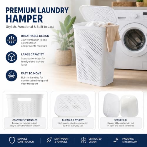 24 Inch Plastic Laundry Hamper with Lid, Slim Ventilated Clothes Basket and Large Dirty Cloth Towel Storage Bin for Laundry Rooms, Bathrooms and College Dorms, White