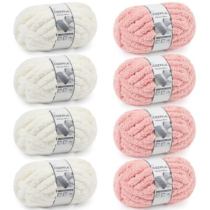 Cozyful Chunky Yarn for Hand Knitting - #10 Chunky Chenille Yarn, Jumbo Big Thick Chunky Yarns for Crocheting, Super Bulky Chunky Knit Blanket Yarns, 8 Skein (22yd, 8oz/Skein), Cream & Pink - color: Cream & Pink