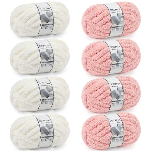 Cozyful Chunky Yarn for Hand Knitting - #10 Chunky Chenille Yarn, Jumbo Big Thick Chunky Yarns for Crocheting, Super Bulky Chunky Knit Blanket Yarns, 8 Skein (22yd, 8oz/Skein), Cream & Pink - color: Cream & Pink