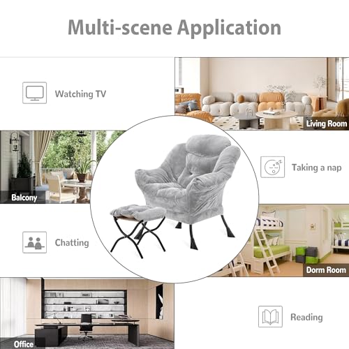 Youtanic Lazy Chair with Folding Ottoman, Accent Chair Plush Upholstered with Metal Structure and Non-Slip Pads, Sofa Armchair with Footrest and Side Storage Bag for Dorm, Room, Office, Light Gray - color: Plush Light Gray