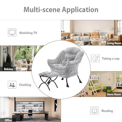 Youtanic Lazy Chair with Folding Ottoman, Accent Chair Plush Upholstered with Metal Structure and Non-Slip Pads, Sofa Armchair with Footrest and Side Storage Bag for Dorm, Room, Office, Light Gray - color: Plush Light Gray