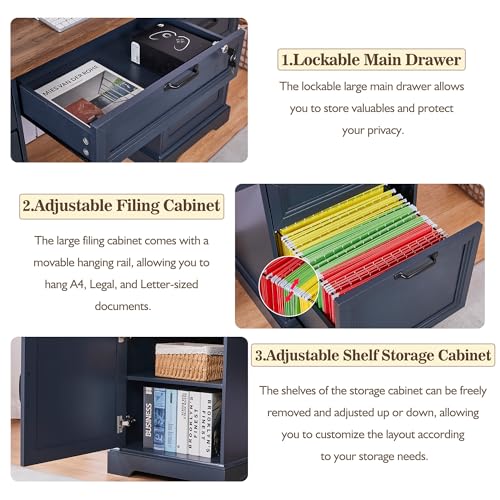 60" Farmhouse Executive Desk with 40" Mobile File Cabinet,L Shaped Desk Set with Charging Station,Office Desk with Storage Drawers,Wood Computer Desk Set for Office Work,Home Study - color: Blue