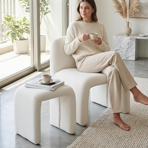 Hyfirm Chenille Accent Chair with Matching Side Table, White | Sculptural armless reading chair with matching upholstered side table for living rooms, bedrooms, and reading nooks - color: White Chenille