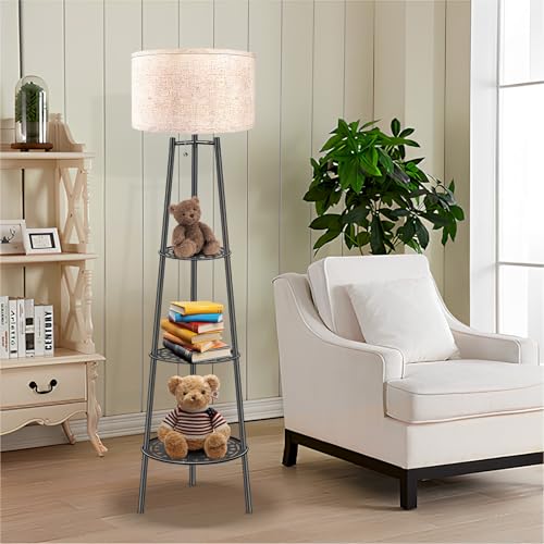 ZQQLITE Floor Lamp with Shelves for Living Room， Standing Lamp，Tall Lamp， Amparas Elegantes para Sala with Linen Shade，Modern Floor Lamp for Living Room，Bedroom or Office（Black ） - color: Black