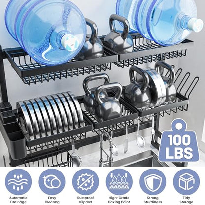 ADBIU Over The Sink Dish Drying Rack (Expandable Height and Length) Snap-On Design 2 Tier Large Dish Rack 31-39.4L x 12W x 34-38H inches - color: Black, size: 31 - 39.4L x 12W x 34 - 38H (inches)