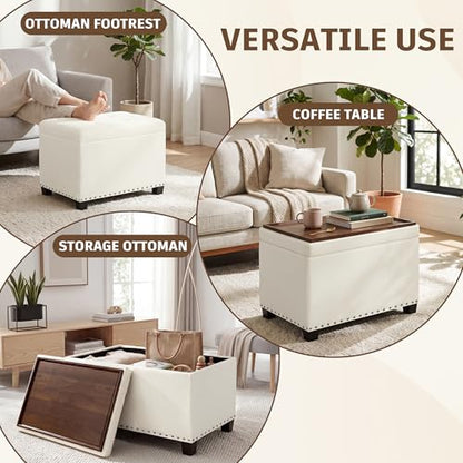 Homebeez Storage Ottoman with Tray Top, 22" Tufted Fabric Coffee Table with Storage, Foot Rest Ottoman with Nailhead Trim, for Living Room Bedroom, White - color: White Linen