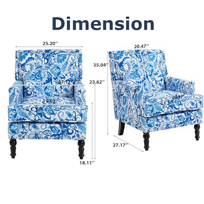 Accent Chair, Modern Comfy Mid-Century Anthropologie Accent Chairs | Linen Upholstered Wingback Lounge Arm Chair with Solid Wood,Single Floral Pattern Chair for Living Room/Balcony/Bedroom - color: Porcelain-sackcloth-001