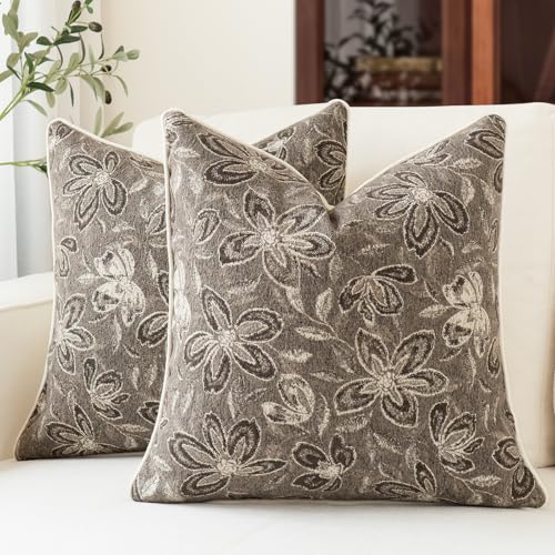 MATTINS 18x18 Vintage Floral Patterned Throw Pillow Covers, Gray Brown 2PC | Farmhouse Decorative Pillow Covers, Country Botanical Jacquard Design, Cottage Boho Accent for Sofa, Bed, and Living Room - color: Gray Brown, size: 18" x 18" (Pack of 2)