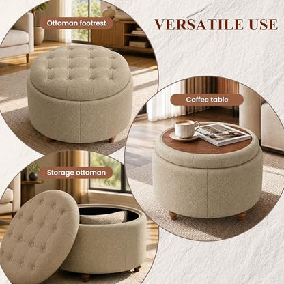 25" Round Ottoman with Storage, Small Coffee Table with Reversible Tray Lid | Tufted Fabric Round Storage Ottoman with Solid Wood Legs, 3-in-1 Footrest for Living Room, Bedroom, Entryway, Coffee - color: Coffee