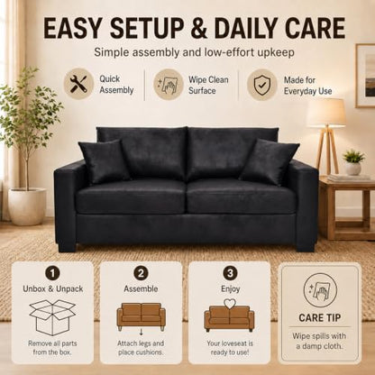 69'' Loveseat Sofa,Modern Fabric 2-Seater Sofa with 2 Pillows(Black) | Small Couches for Living Room, Office,Apartment, Small Spaces,21 in Deep Seat - color: Black