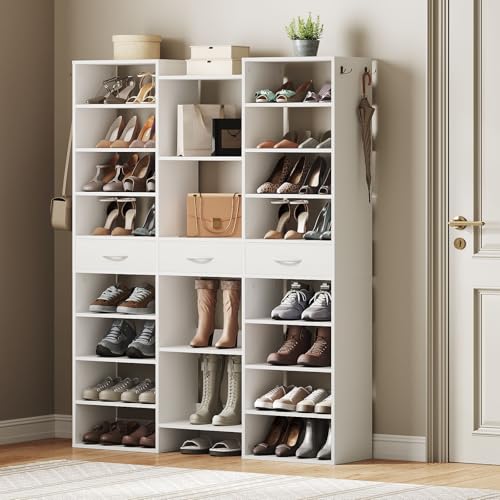 Tall Shoe Rack, 9 Tiers Large Shoe Cabinet with Fabric Drawers, Holds up to 44 Pairs, Modern Entryway Shoe Shelves Organizer with 21 Open Cubbies, Wooden Shoe Rack for Closet, Hallway, White