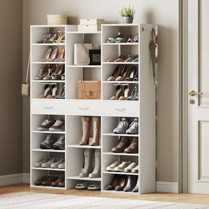Tall Shoe Rack, 9 Tiers Large Shoe Cabinet with Fabric Drawers, Holds up to 44 Pairs, Modern Entryway Shoe Shelves Organizer with 21 Open Cubbies, Wooden Shoe Rack for Closet, Hallway, White