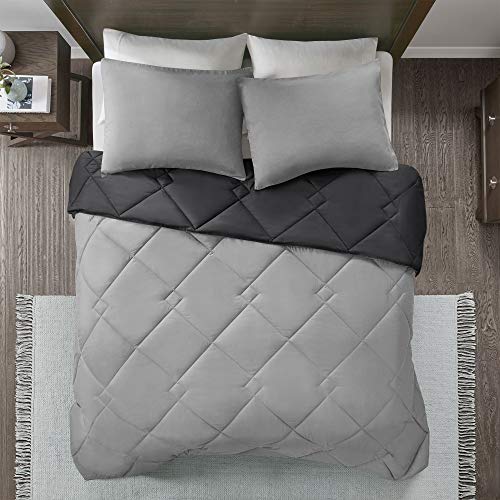 Comfort Spaces Vixie Reversible Comforter Set - Trendy Casual Geometric Quilted Cover, All Season Down Alternative Cozy Bedding, Matching Sham, Black/Gray, Twin/Twin XL 2 piece | Down Alternative, All Season, Bedding for Bedroom, Geometric Pattern, Revers