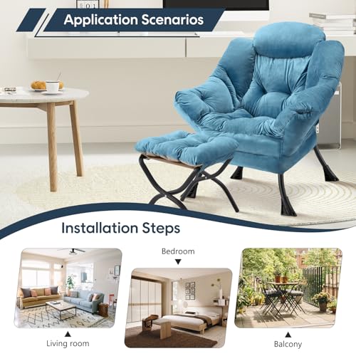Lazy Chair with Folding Ottoman Modern Large Accent Chair,Contemporary Lounge Leisure Sofa Chair with Armrests Upholstered Sofa Armchair Reading for Bedroom,Dorm & Office(Blue-f) - color: Blue