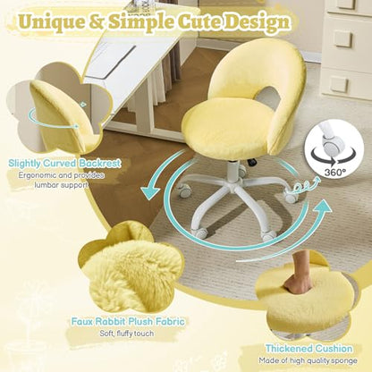 VINGLI Small Vanity Chair with Faux Fur Wheels for Girls,Cute Adjustable Height Armless Office Desk Chair,360°Swivel Comfy Rolling for Study,Make up Room,Small Space,Yellow - color: Furry Yellow