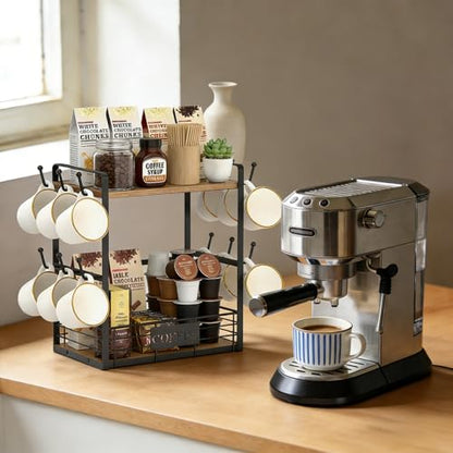 Coffee Mug Rack with 12 Hooks, 2-Tier Coffee Bar Organizer with Shelf & Storage Basket, Countertop Coffee Cup Holder Stand for Kitchen, Home & Café - Black & Brown - color: 2-Tier (Large)