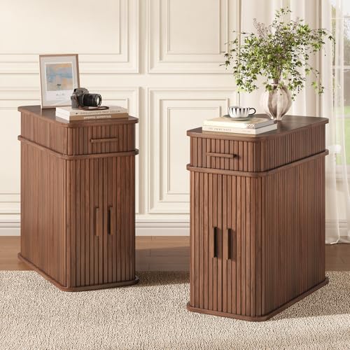 Side End Table with Charging Station, Slim Nightstand with Drawer, Mid-Century Wood Skinny Bedside Table with Storage, Narrow Side Tables for Small Space Living Room Bedroom Office Sofa Couch Walnut - color: Walnut