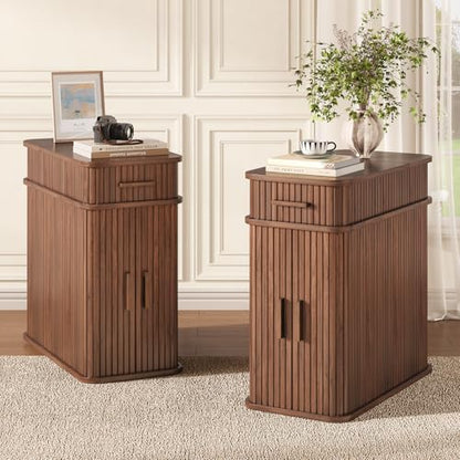 Side End Table with Charging Station, Slim Nightstand with Drawer, Mid-Century Wood Skinny Bedside Table with Storage, Narrow Side Tables for Small Space Living Room Bedroom Office Sofa Couch Walnut - color: Walnut