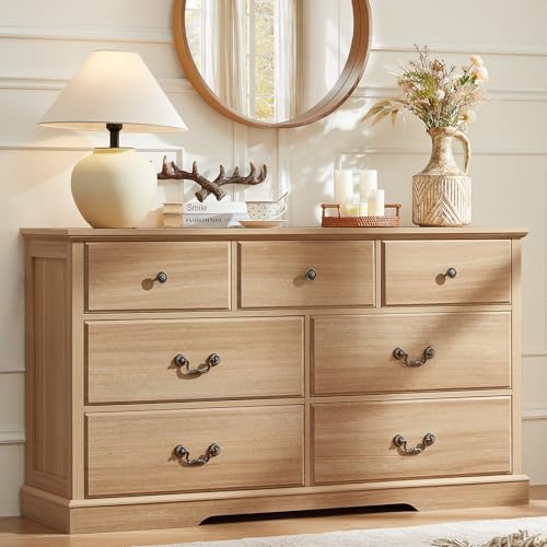 Farmhouse 7 Drawer Natural Wooden Dresser for Bedroom | 54" Wide Long Dressers & Chests of drawers with Rustic Handles & Floor-Standing Thickened Foot - color: Natural, size: 15.6"D x 54"W x 31"H (7 Drawers)