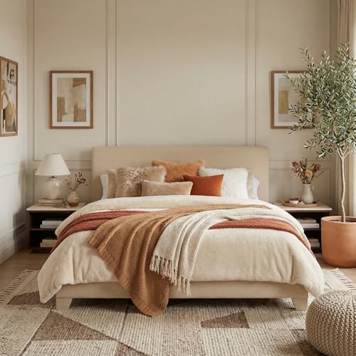 SHA CERLIN Linen Upholstered Full Size Bed Frame with Headboard, Beige | Adjustable Low-Profile Platform Bed, Minimalist Design, Stable Mattress Foundation, Strong Back-Support, No Box Spring Needed - color: Beige, size: Full