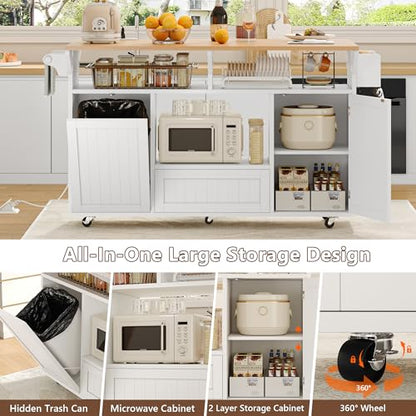 Einhomn 65" Kitchen Island with Drop Leaf, Island Table for Kitchen on Wheels with Trash Can Storage and Power Outlet, White - style: White