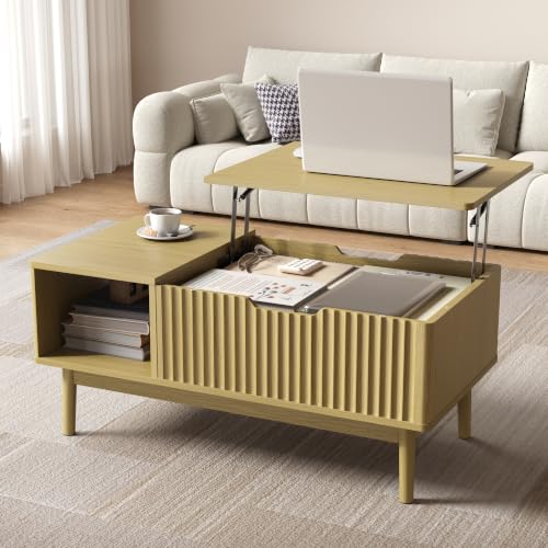 Fluted Lift Top Coffee Table with Storage, Oak | Modern Coffee Table for Living Room, Home Office - color: Oak, size: 18.9"D x 37.4"W x 16.5"H