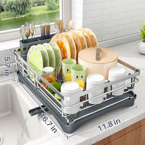 SAYZH Dish Drying Rack for Kitchen Counter with Utensil Holder, Silver | Stainless Steel, Large Capacity, Angled Drainboard, Rotating Spout, Removable to Clean - color: Silver