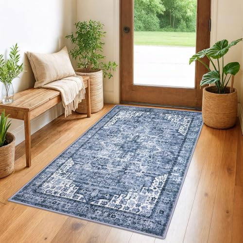 SIILOOM 3x5 Washable Area Rug Non Slip Door Mat Indoor for Entryway Bedside | Soft Boho Vintage Spill & Stain Resistant Low Pile Carpet for Kitchen Office Front Backdoor Bedroom, Easy Clean - color: Blue White, size: 3' x 5' (Rectangular)