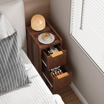 ELYKEN 7.9" Fluted Narrow Nightstand, 20.6" H Skinny Side Table, Walnut | Compact Design for Small Spaces, 2 Drawers, Wood Grain Finish, Perfect as Bedside Table, End Table or Sofa Side Table - color: Walnut-1 Pcs