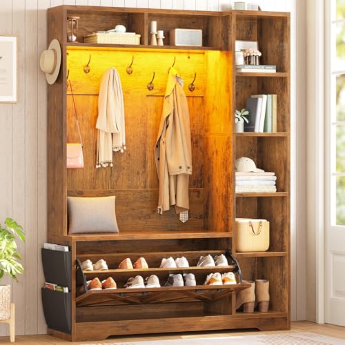 Itaar Hall Tree with Bench and Shoe Storage, Farmhouse Entryway Bench with Coat Rack, Shoe Cabinet with Flip Drawers, 7 Shelves, 10 Coat Hooks, Storage Bag, Led Lights, Rustic Brown - color: Rustic Brown, size: 11.8"D x 43.3"W x 70.9"H