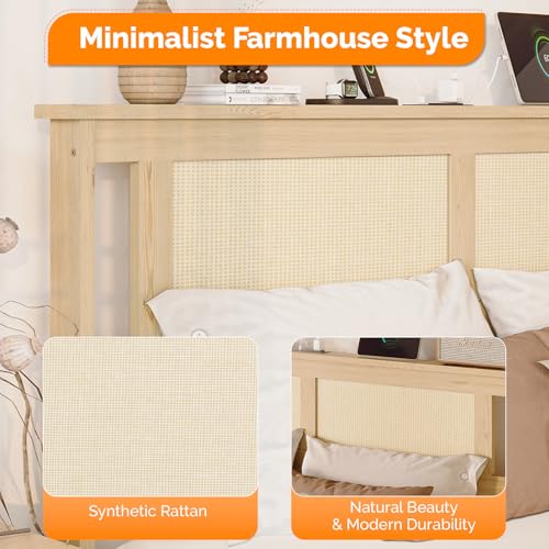 VINGLI Boho Queen Bed Frame with Rattan Headboard, Wooden Platform Bedframe with Charging Station and Underbed Storage for Bedroom,Solid Wooden Slats Surpport, Noise Free,Natural - size: Queen