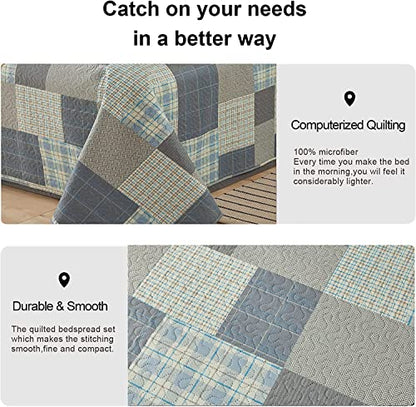 Ycosy Quilt Set King Size Bedspread Coverlet Plaid Patchwork Bedding Modern Mens Quilts Soft Lightweight Quilt Yellow Grey Plaid Coverlet Reversible Quilt Bedspread Home Bedding Collection - color: Soot Yellow, size: King