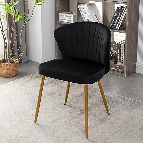 GDFStudio 30.71" Modern Velvet Accent Chair, Comfy Lounge Chair, Upholstered Side Chair with Channel Tufted Back, Gold Metal Legs, Armless Reading Chair for Living Room Bedroom Small Spaces, Black - color: Black + Polyester