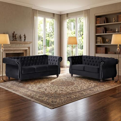 GDFStudio 82.6" Velvet Sofa Set, Modern Living Room Couch Set, Upholstered Sofa Loveseat Chair Set, Chesterfield with Button Tufted Back Rolled Arms Wood Tapered Feet for Apartment Living Room, Black - color: Black, size: 3+2+1 Seat