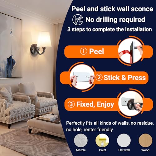 YHCDLAMP Peel and Stick Wall Sconces, No Drilling Stick On Wall Sconce, Wireless Battery Operated Wall Lights, Adhesive Wall Lamp with 10000mAh Battery Bulb for Bedroom Living Room Decor - color: Black-10.2inch
