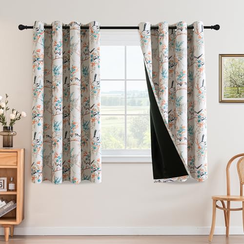 H.VERSAILTEX 꽃무늬 100% 암막 커튼 길이 160cm(63인치) 2패널 벌새 프린트 패턴 룸 다크닝 단열 커튼 침실 그로밋 창문 트리트먼트 드레이프, 틸/블랙 - color: 벌새-청록색/블랙, size: 52"W x 63"L (Pack of 2)