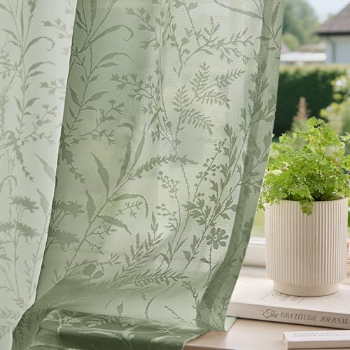 Anmao Sage Green Semi Sheer Light Filtering Curtains 54 Inches Long 2 Panels, Leaf Pattern Drapes for Living Room Bedroom, Rod Pocket Sheer Window Treatments with Floral Design, 52x54 Inch - color: Sage Green, size: 52"W x 54"L (Pack of 2)