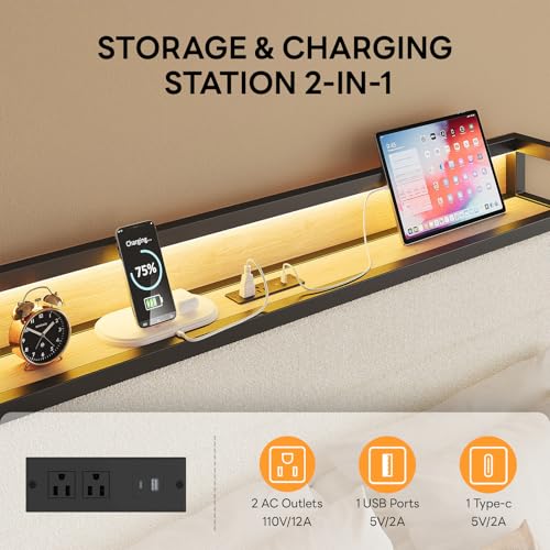 LIKIMIO Full Bed Frame with Headboard, LED Lights and Charging Station | Upholstered sherpa storage headboard with LED & charger; heavy-duty slats; noise-free; modern elegance; natural and cream - color: Natural and Cream, size: Full