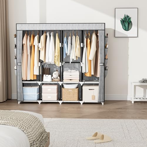 Portable Closet for Hanging Clothes, 67 Inch Wide Portable Wardrobe Closet with Cover, 4 Hanging Rod, Storage Shelves and Side Pockets, Large Free Standing Closet for Bedroom, Printing - color: Printing, size: 4 Row - 67'' Wide