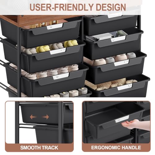 10 Drawers Rolling Cart with Wooden Tabletop, Utility Storage Cart with Wheels, Art Supply Craft Organizer on Wheel with Metal Frame & Handles for Home Office School,Black | Easy Setup, Large Capacity, Sturdy Build, Lockable Mobility, For office, classroo