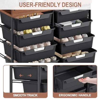 10 Drawers Rolling Cart with Wooden Tabletop, Utility Storage Cart with Wheels, Art Supply Craft Organizer on Wheel with Metal Frame & Handles for Home Office School,Black | Easy Setup, Large Capacity, Sturdy Build, Lockable Mobility, For office, classroo