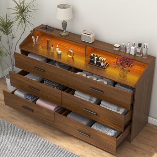 6 Drawer Dresser for Bedroom with Charging Station, Dresser with LED Light | Chest of Drawers for Closet, Modern Dressers with Open Storage Cubby, Double Wide Dressers - color: Walnut