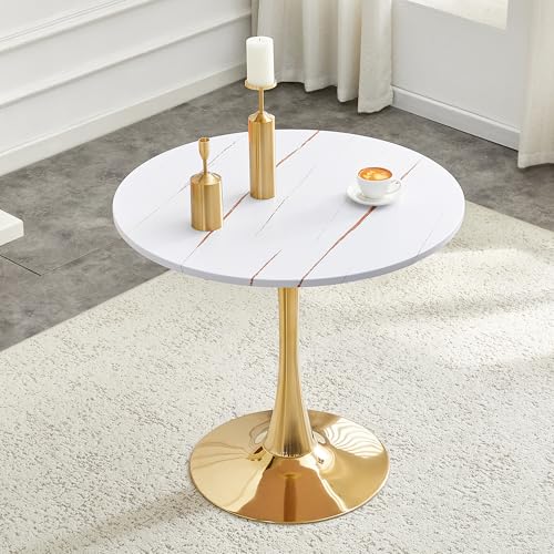 31.5" Round Dining Table, Mid-Century Modern Tulip Table with Thickened Tabletop & Metal Pedestal, Circle Bistro Table for Kitchen, Small Places, Apartments, Cafe - color: White Gold, size: 31.5" dining table