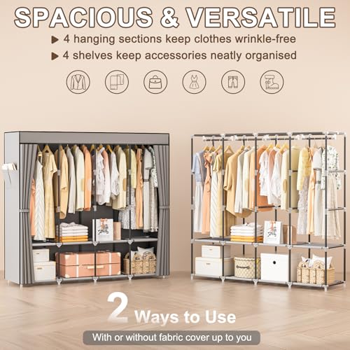 Neatrays Portable Closet, 66 Inch Large Capacity Wardrobe for Closet Organizers and Storage with Non-Woven Fabric Cover, 4 Hanging Rods, 8 Shelves(Grey)