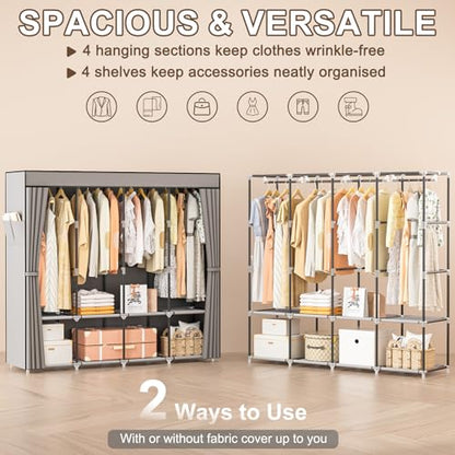 Neatrays Portable Closet, 66 Inch Large Capacity Wardrobe for Closet Organizers and Storage with Non-Woven Fabric Cover, 4 Hanging Rods, 8 Shelves(Grey)