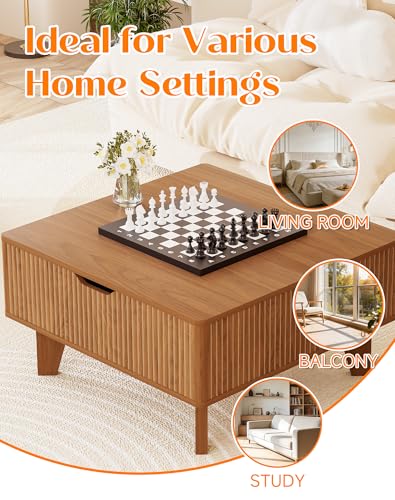 Fluted Lift Top Coffee Table with Storage, Wood Square Flip-Top Mid Century Modern Center Table for Living Room with Hidden Compartment, Walnut - color: Walnut-square (Flip Top)