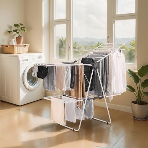 VEVOR Clothes Drying Rack, 2-Tier Foldable Laundry Dryer Rack with Sock Clips & 31 Dry Rods, Metal Height Adjustable Drying Racks for Outdoor & Indoor, Free-Standing & Space-Saving Hanger, White - size: 59"D x 23.6"W x 41.7"H